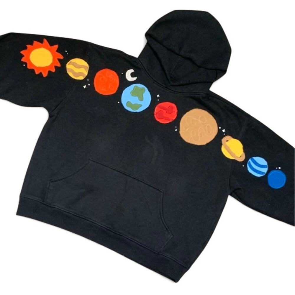 Custom Upcycled Solar System Space Patchwork Black Hoodie – Large
